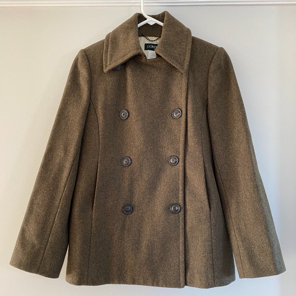 J.Crew W’s Olive Green Double-Breasted Wool Blend Thinsulate Pea Coat-Size Small